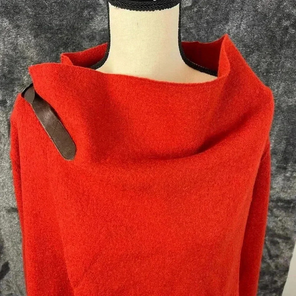 Eileen Fisher Wool Snap Cape Cardigan Jacket Red Orange Lagenlook Leather - Picture 2 of 12